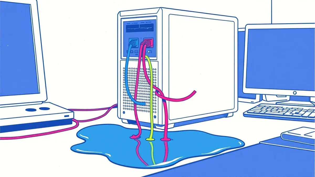 Illustration: A white server tower sits on a desk with three tangled network cables plugged into its rear ports.