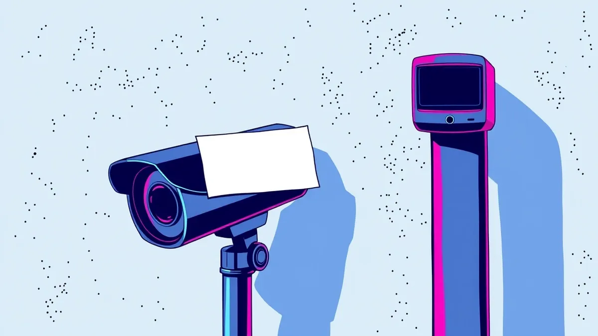 Illustration: A sleek black security camera and a tall license plate reader stand side by side against a sterile gray wall.