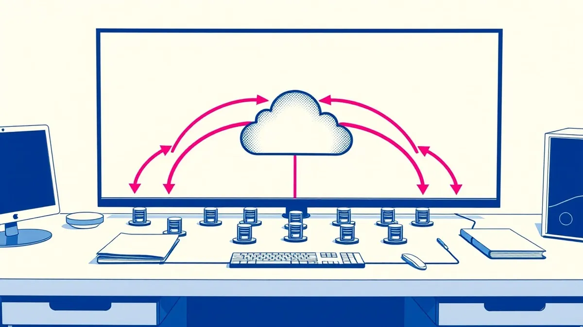 Illustration: A cloud infrastructure diagram sits on a clean desk.