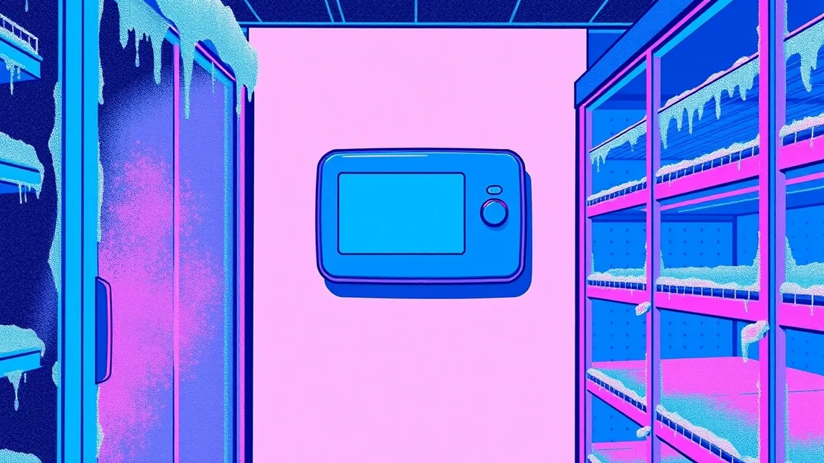Illustration: A blank wall-mounted thermostat sits in a dim supermarket freezer aisle, with thick frost creeping over its smooth surface and adjacent shelves.