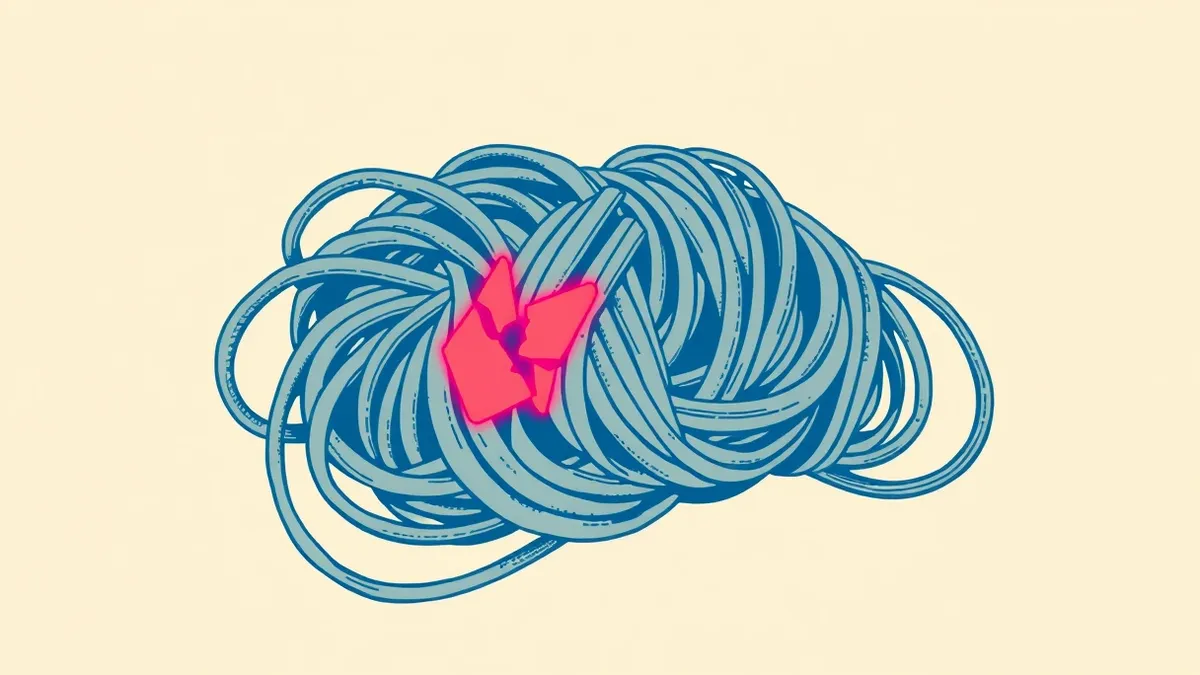 Illustration: A tangled knot of gray threads represents hidden dependencies in a software package.