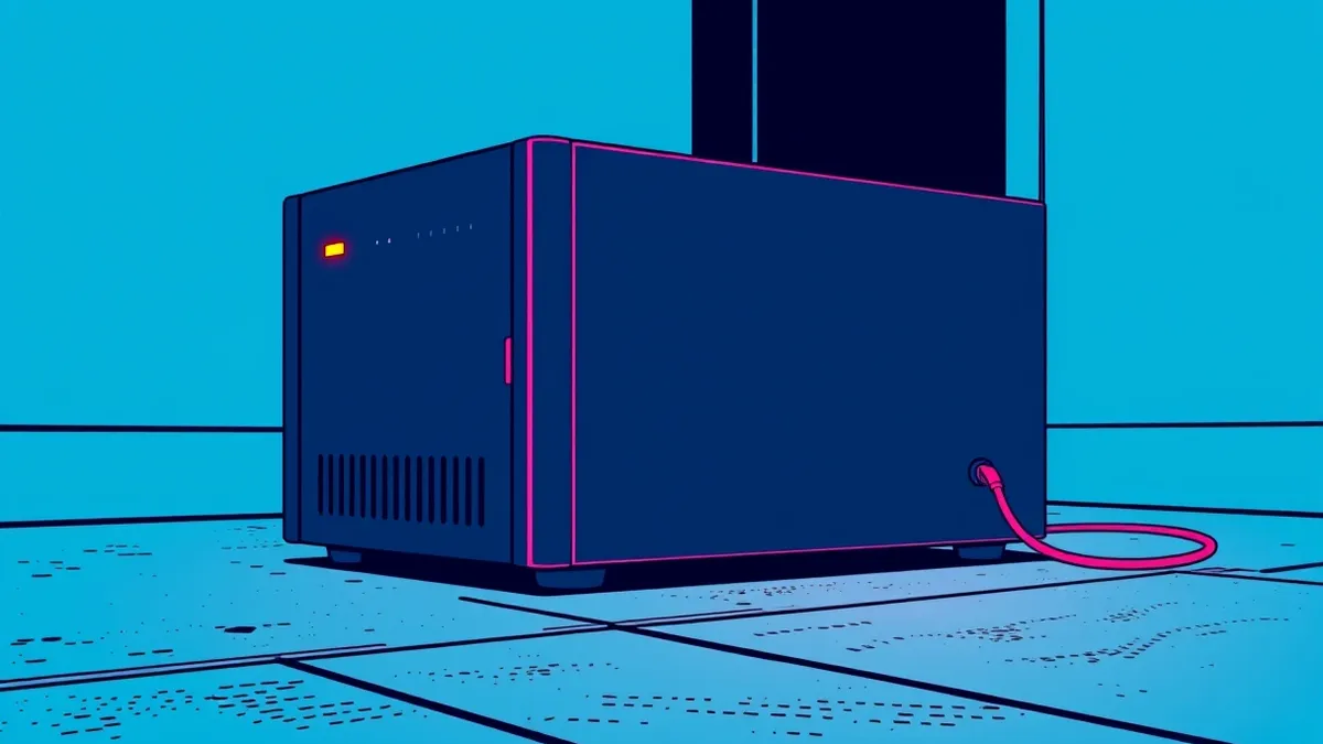 Illustration: A matte black network security appliance sits on a concrete floor.