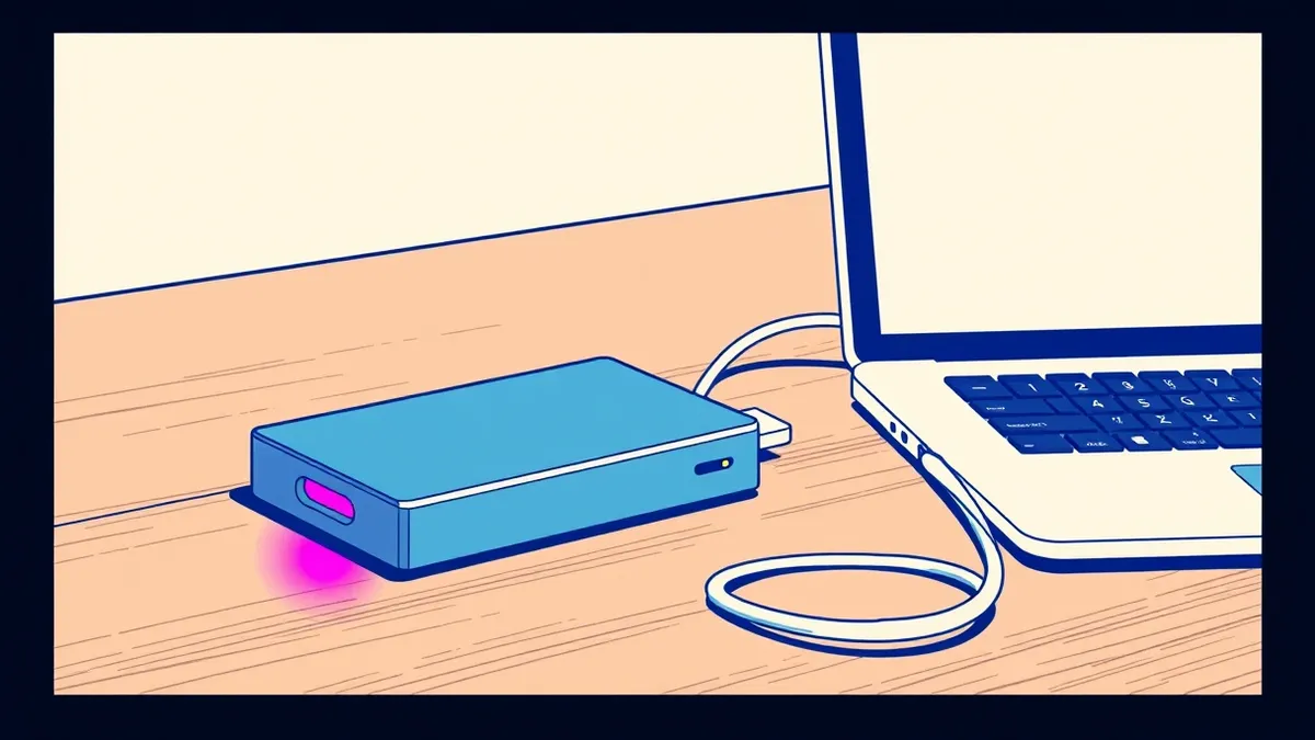 Illustration: A sleek external hard drive sits on a clean wooden desk.
