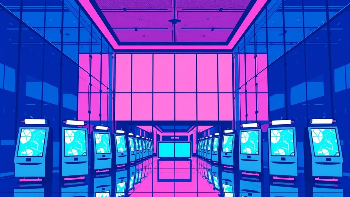 Illustration: A modern office lobby with automatic glass doors sliding open to reveal rows of empty service counters and illuminated digital kiosks displaying abstract blue geometr