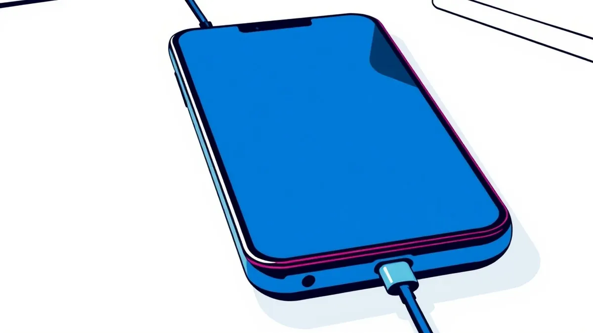 Illustration: A sleek black smartphone rests on a clean white desk, its screen completely dark and reflective.
