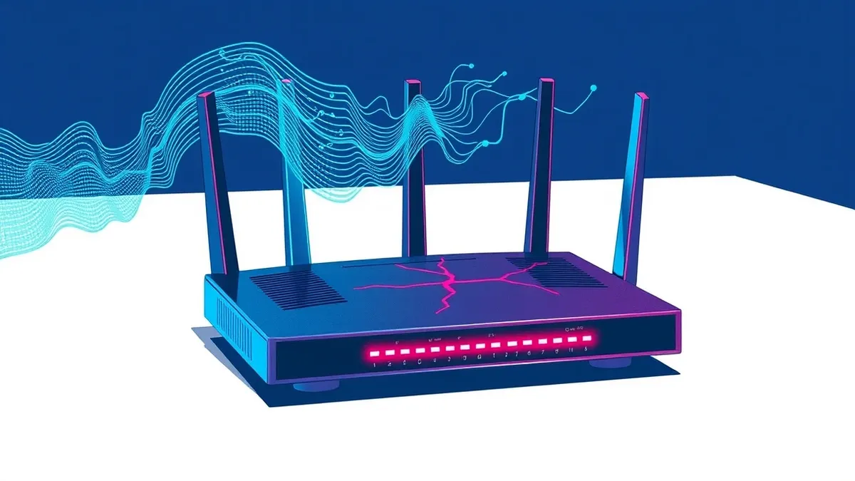 Illustration: A sleek black router sits on a white table while a translucent blue digital waveform pours from its top port.