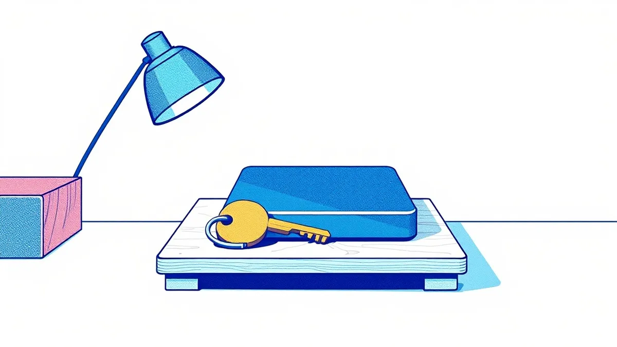 Illustration: A small wooden desk holds a solitary brass key and a sleek external hard drive.