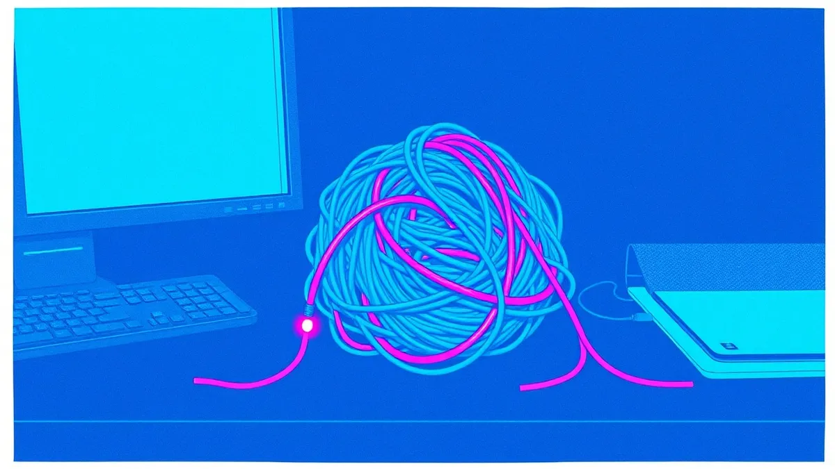 Illustration: A tangled ball of colorful fiber optic cables sits on a dark desk, with two loose strands glowing bright red and blue.