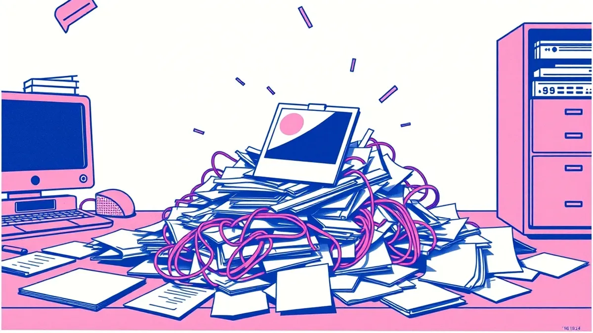 Illustration: A small uploaded photograph slides across a desk surface, triggering a chaotic tangle of tangled file folders that spill out onto the floor.
