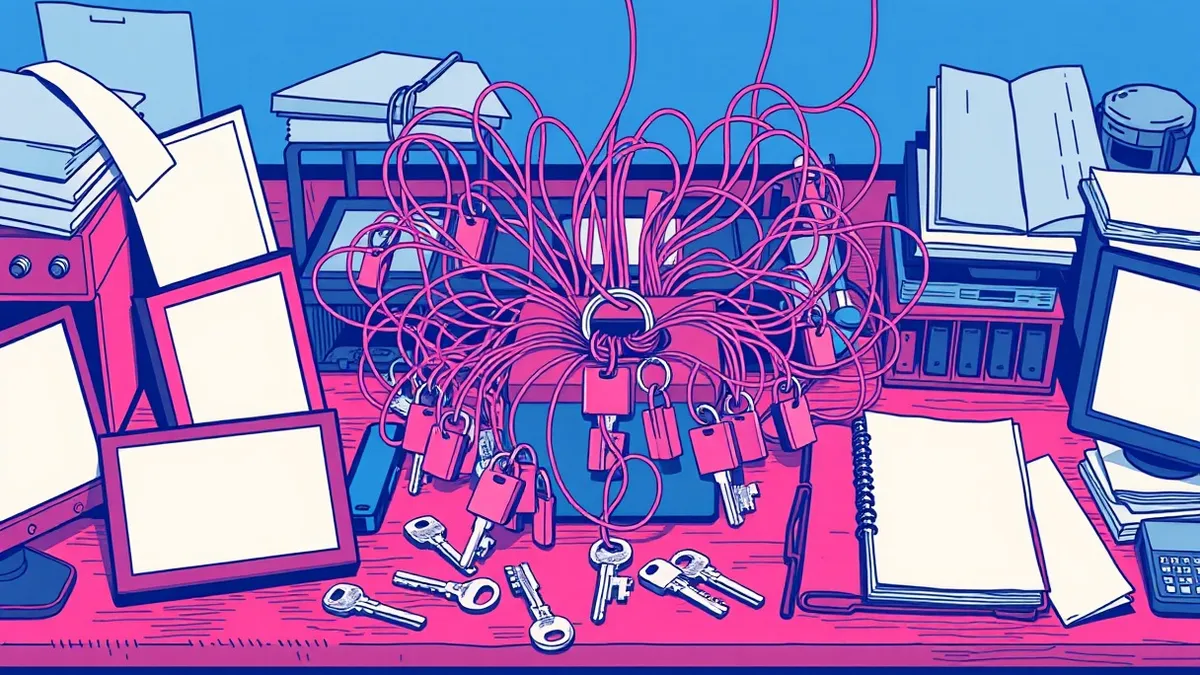 Illustration: A cluttered wooden desk holds a tangled web of thin threads connecting various empty key rings to a central locked box.