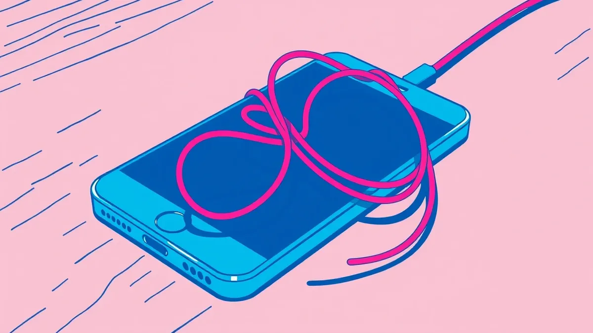 Illustration: A smartphone rests on a wooden table, its screen dark.