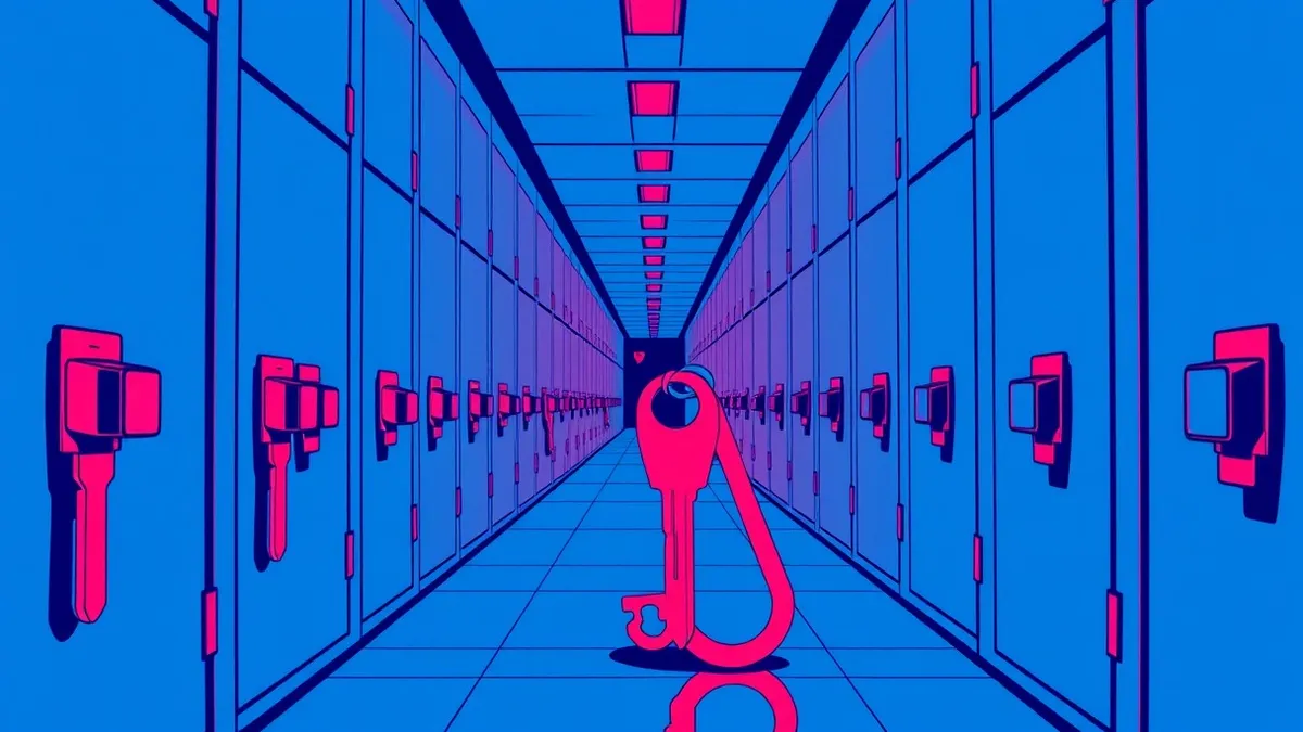 Illustration: A single red key tries to open dozens of identical locked doors in a long hallway simultaneously.