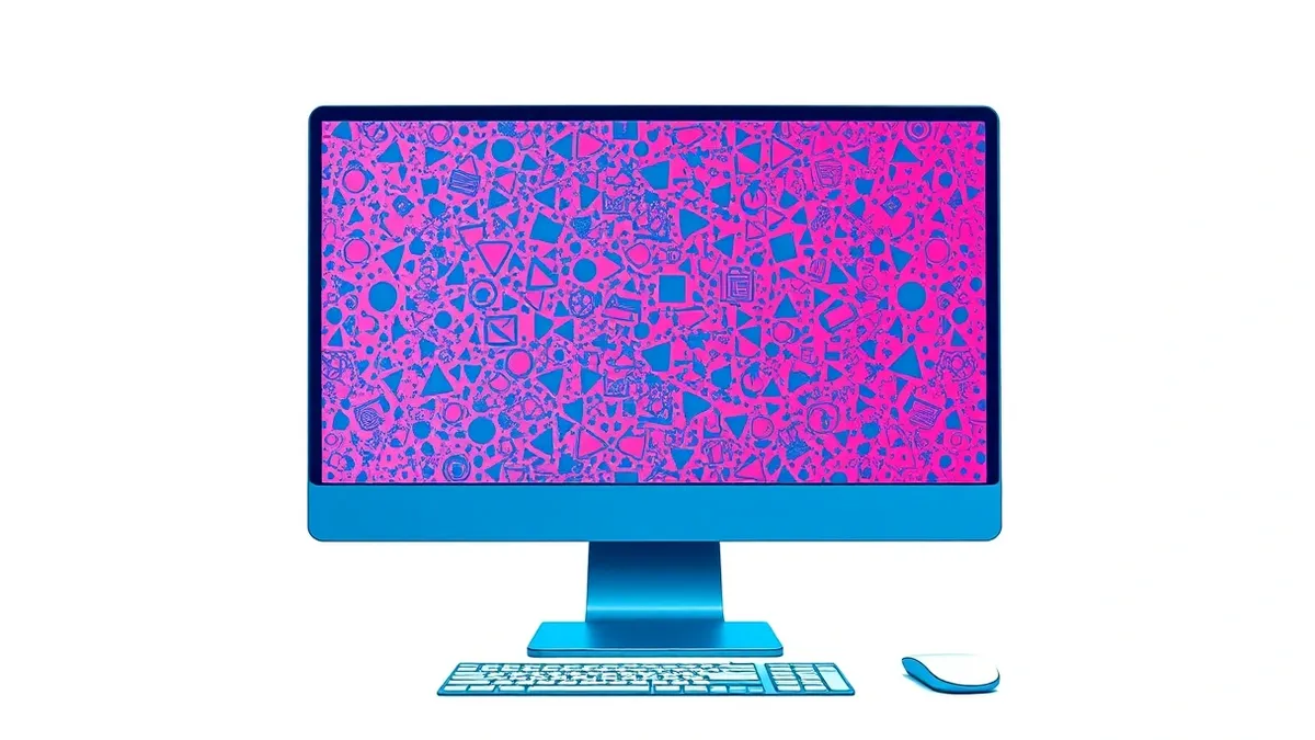 Illustration: A single computer monitor displays a chaotic, dense cloud of abstract geometric shapes swirling across a blank gray background.