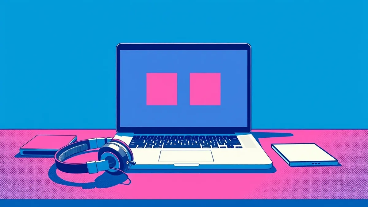 Illustration: A sleek office desk holds a laptop displaying a blank video call interface.