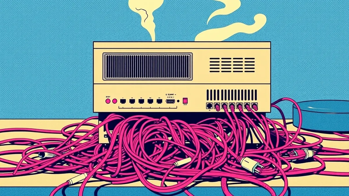 Illustration: A beige network appliance sits on a desk with its front panel lights flickering red.