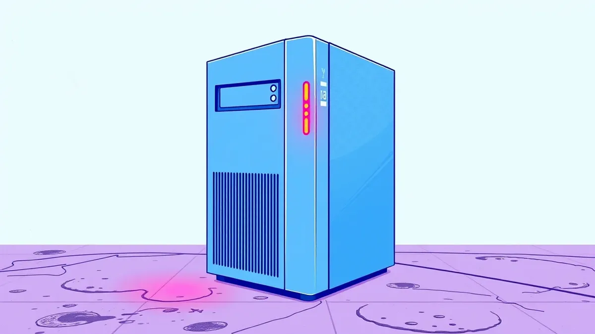 Illustration: A sleek silver server tower sits isolated on a concrete floor.