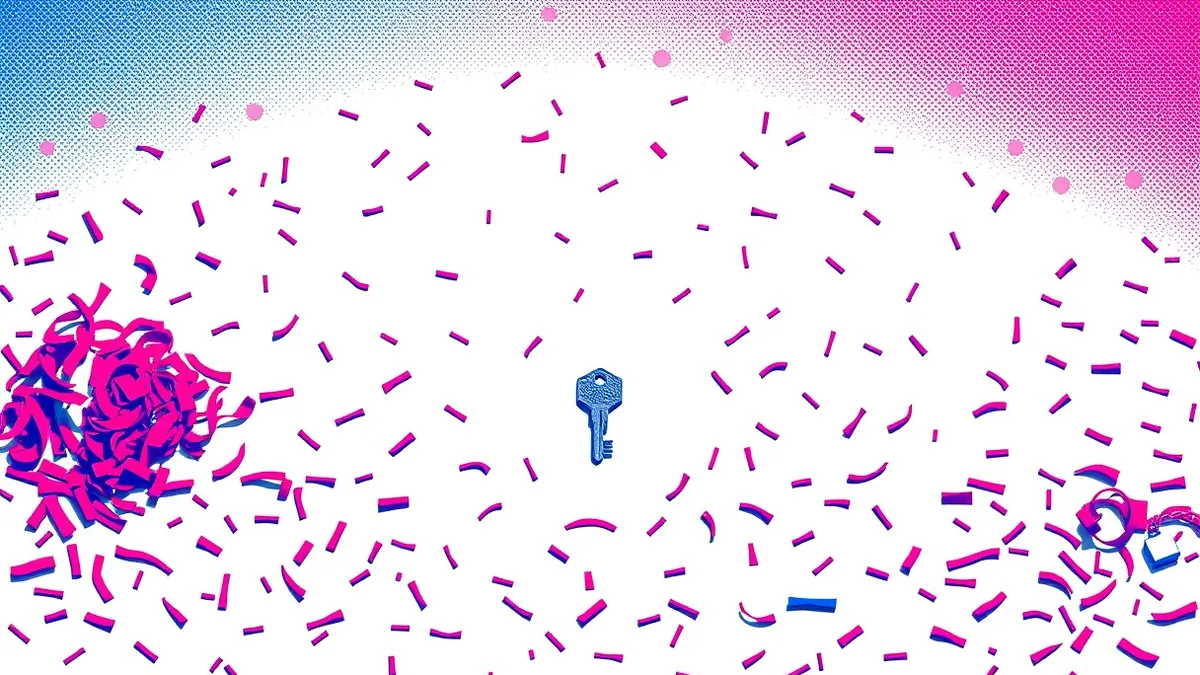 Illustration: A single small key rests on a vast empty desk, surrounded by scattered shredded paper confetti.