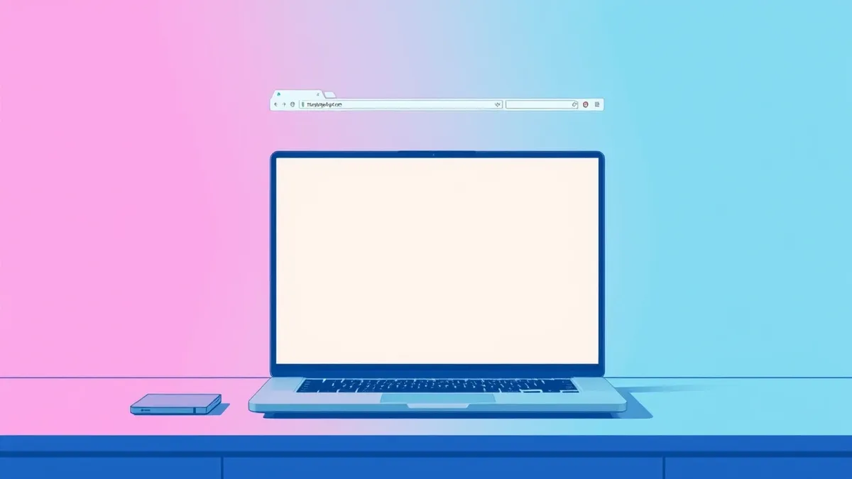 Illustration: A sleek laptop sits on a clean desk, its screen displaying a single, normal webpage.