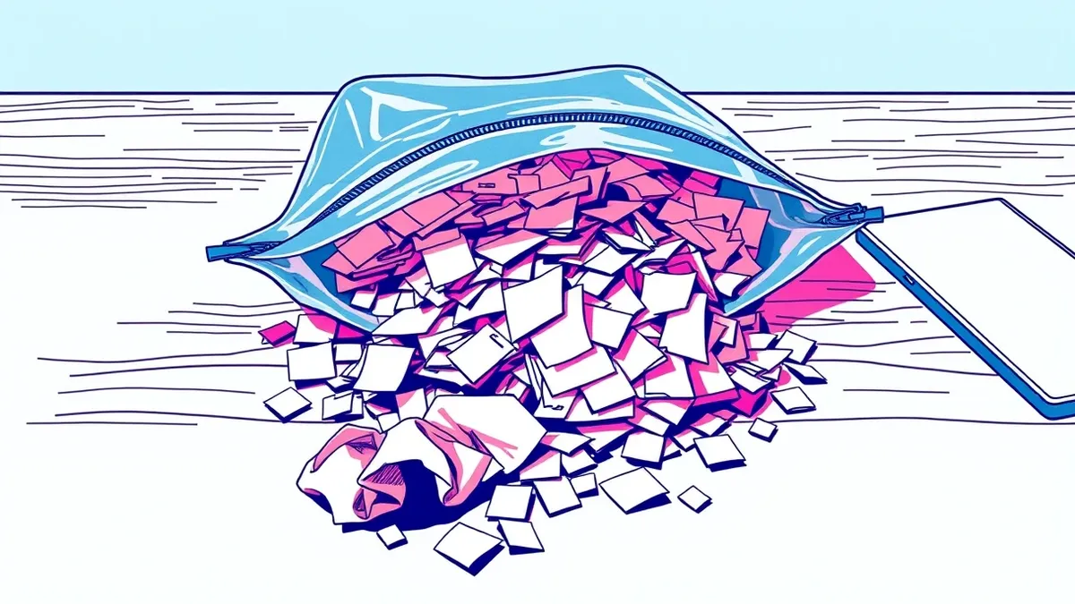 Illustration: A translucent plastic zipper pouch sits open on a wooden table, spilling a chaotic tangle of loose, mismatched paper scraps.