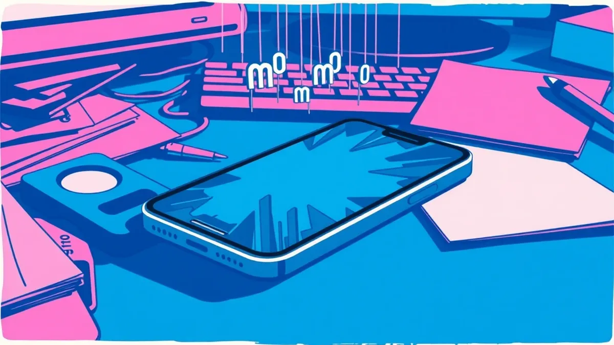 Illustration: A smartphone rests on a cluttered desk, its blank screen reflecting a chaotic overlay of distorted geometric shapes that twist and warp the underlying interface.