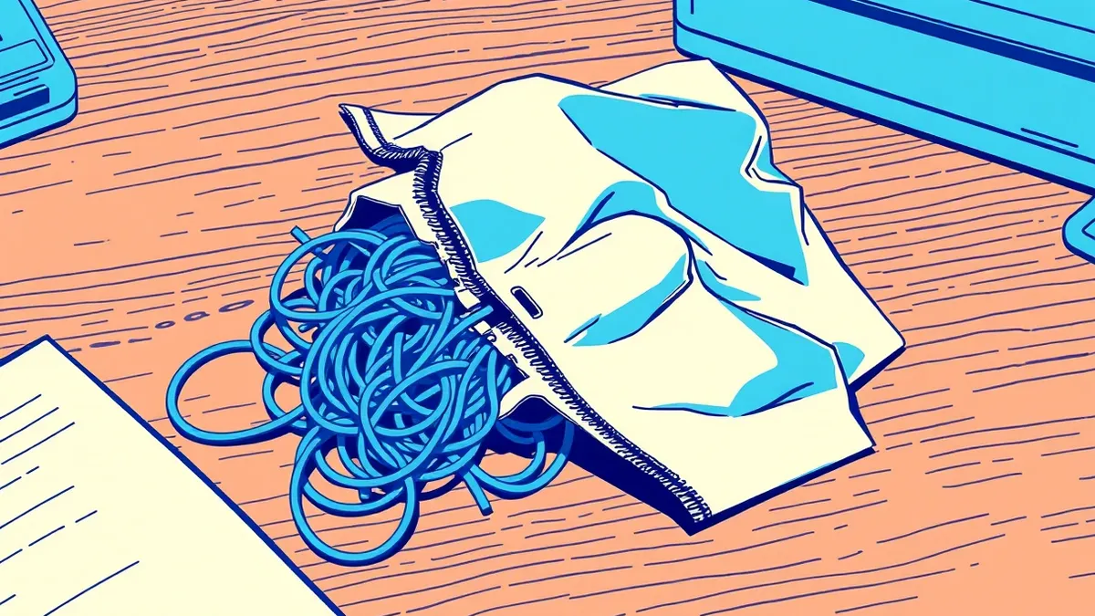 Illustration: A crumpled, torn zip file lies broken on a wooden desk, its contents spilling out as chaotic, tangled gray wires.