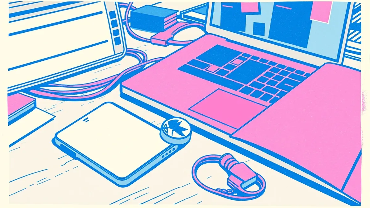 Illustration: A messy desk holds a smartphone with a blank screen, an open laptop displaying abstract shapes, and a loose cable tangled with a keychain.
