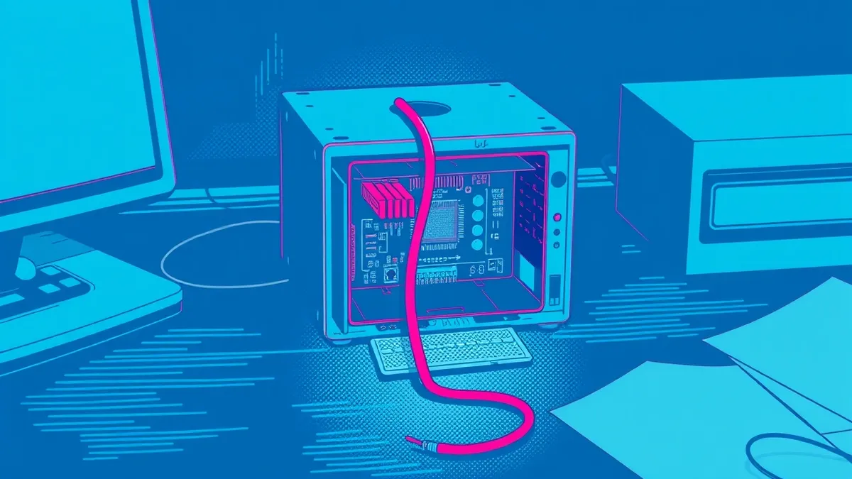 Illustration: A small network appliance sits on a dark desk, its metal casing cracked open to reveal glowing internal circuitry.