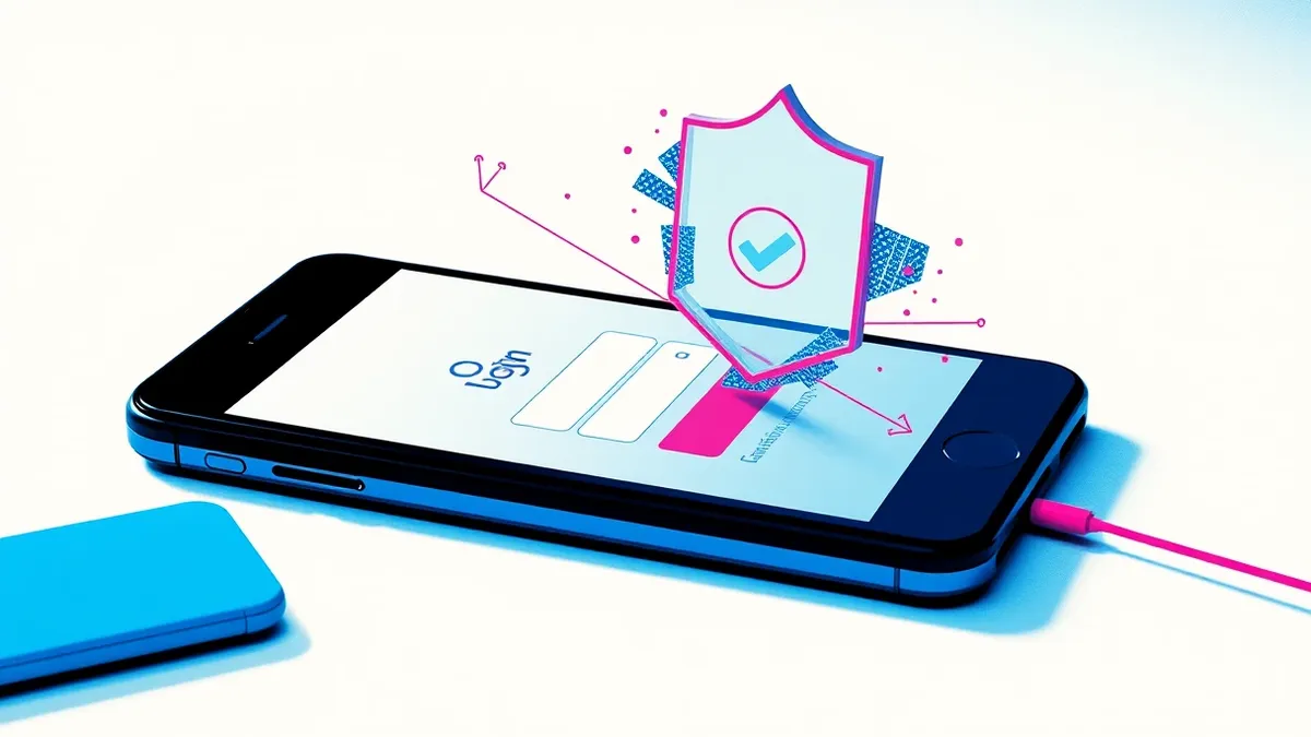 Illustration: A sleek black smartphone rests on a white desk, its screen displaying a blank login form with an empty checkmark icon.