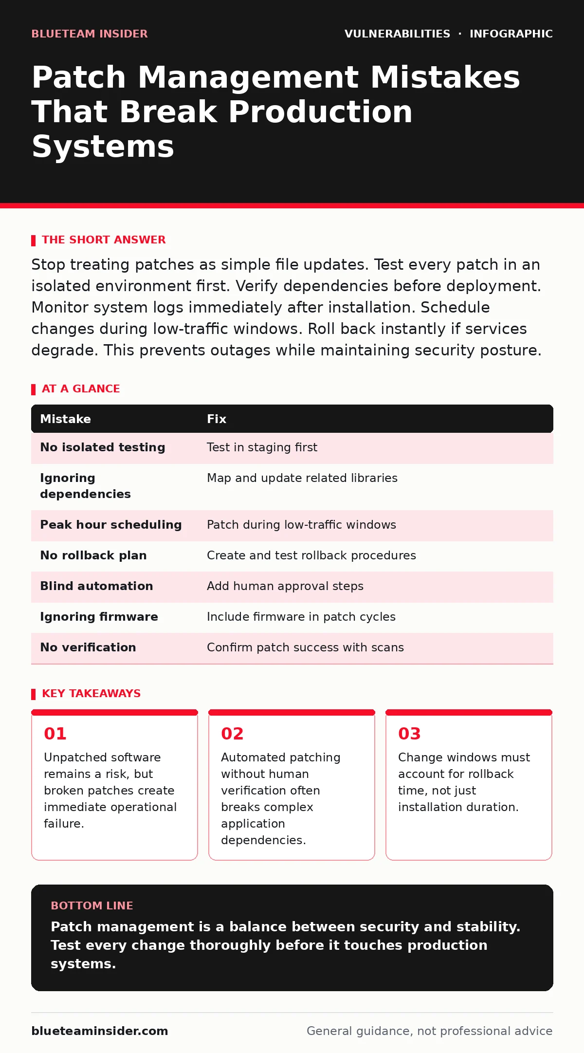Infographic: Patch Management Mistakes That Break Production Systems. Unpatched software remains a risk, but broken patches create immediate operational failure. Automated patching without human verification often breaks complex application dependencies. Change windows must account for rollback time