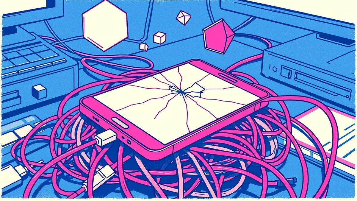 Illustration: A cracked smartphone screen sits atop a tangled mess of charging cables.