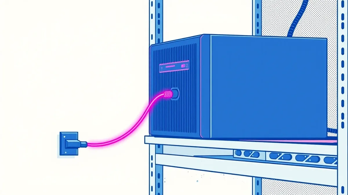 Illustration: A sleek server unit sits on a metal shelf.