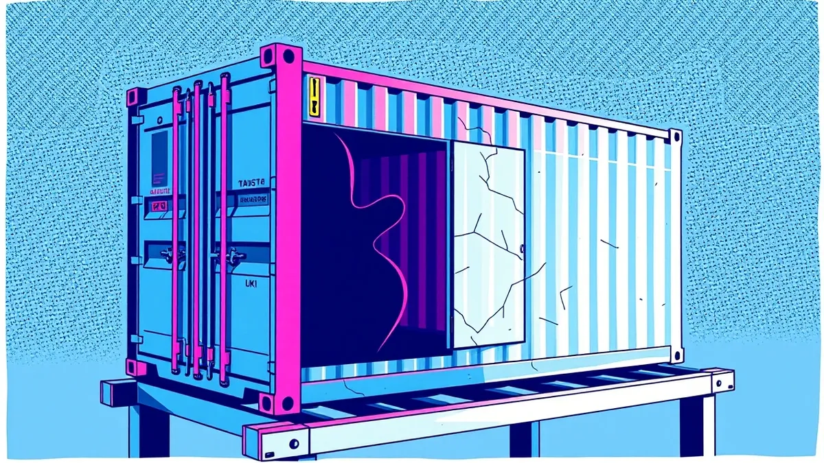 Illustration: A metallic shipping container sits on a steel rack, its surface marred by small, dark cracks.