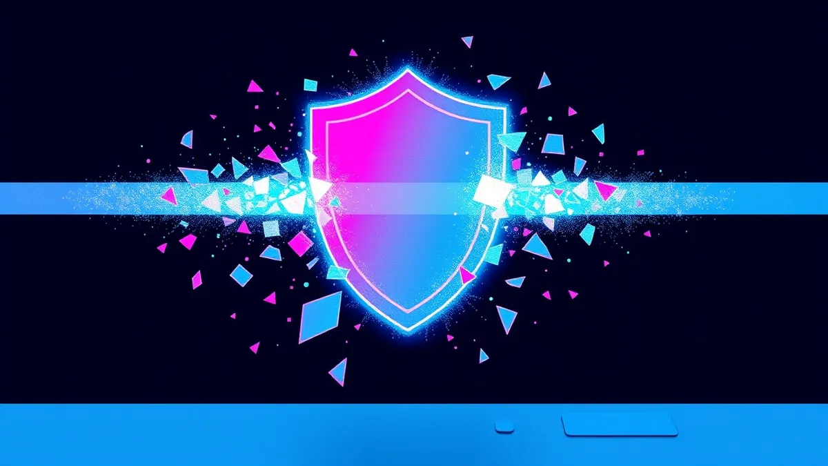 Illustration: A glowing digital shield fractures into scattered geometric shards against a dark void.