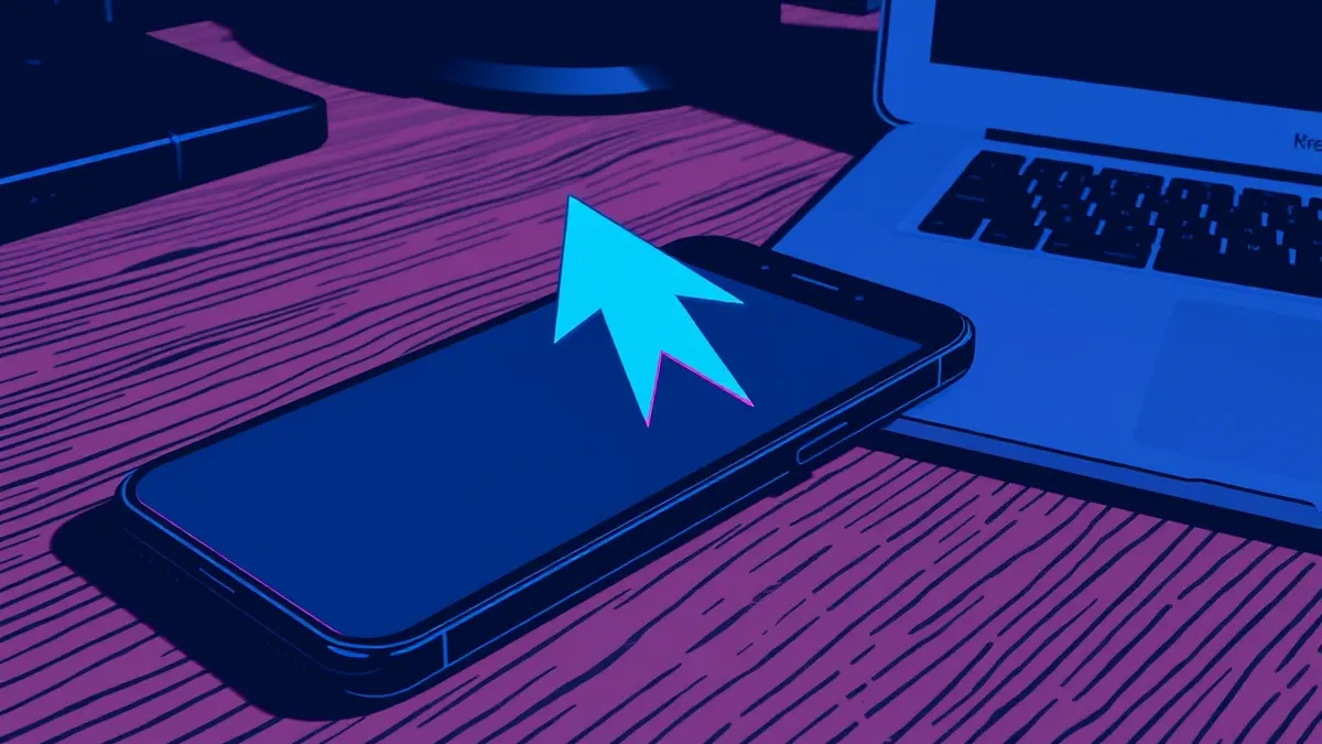 Illustration: A sleek black smartphone sits on a wooden desk next to a closed silver laptop.