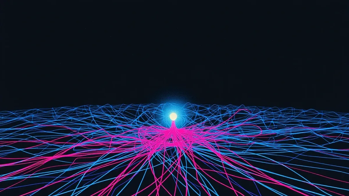 Illustration: A tangled web of thin red and blue threads spreads across a dark surface, showing an invisible path moving from one node to another.