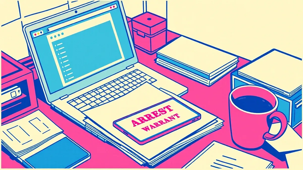 Illustration: A cluttered office desk features an open laptop displaying blank browser windows and a smartphone resting on a stack of white papers.