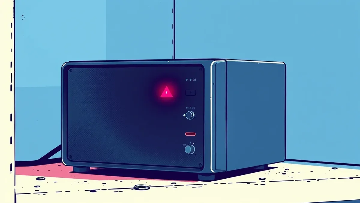 Illustration: A small black network security appliance sits on a dusty shelf with its front panel blank and featureless.