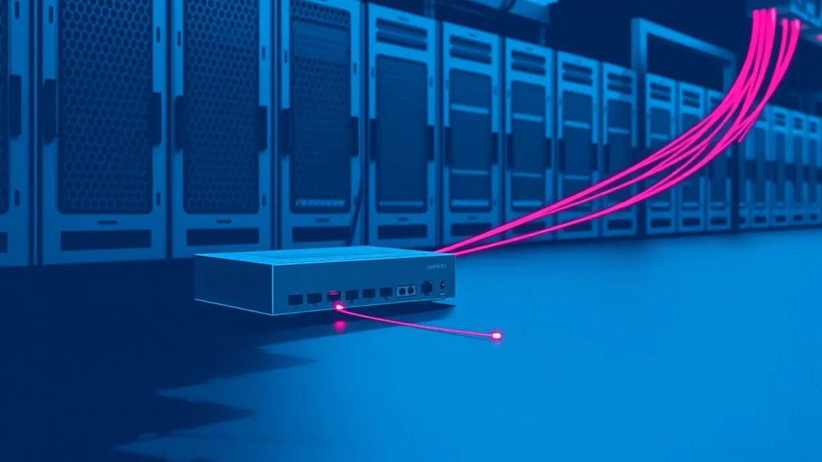Illustration: A small, unassuming edge router sits isolated on a dark surface.