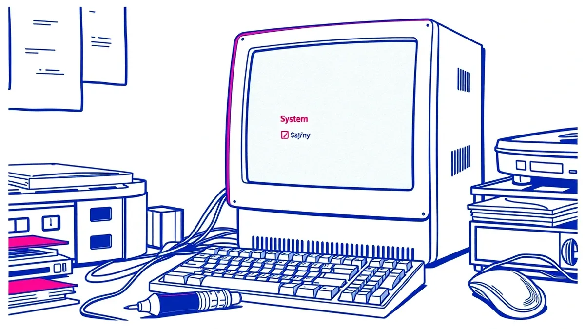 Illustration: A white tower computer sits on a cluttered desk.