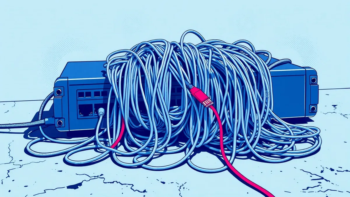 Illustration: A network switch sits on a concrete floor with tangled ethernet cables snaking out of its ports.