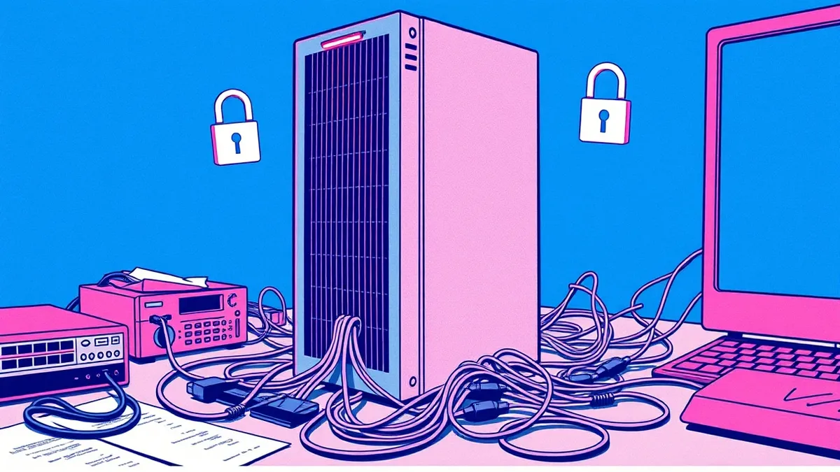 Illustration: A sleek, silver server tower sits on a cluttered desk, its power button glowing red.