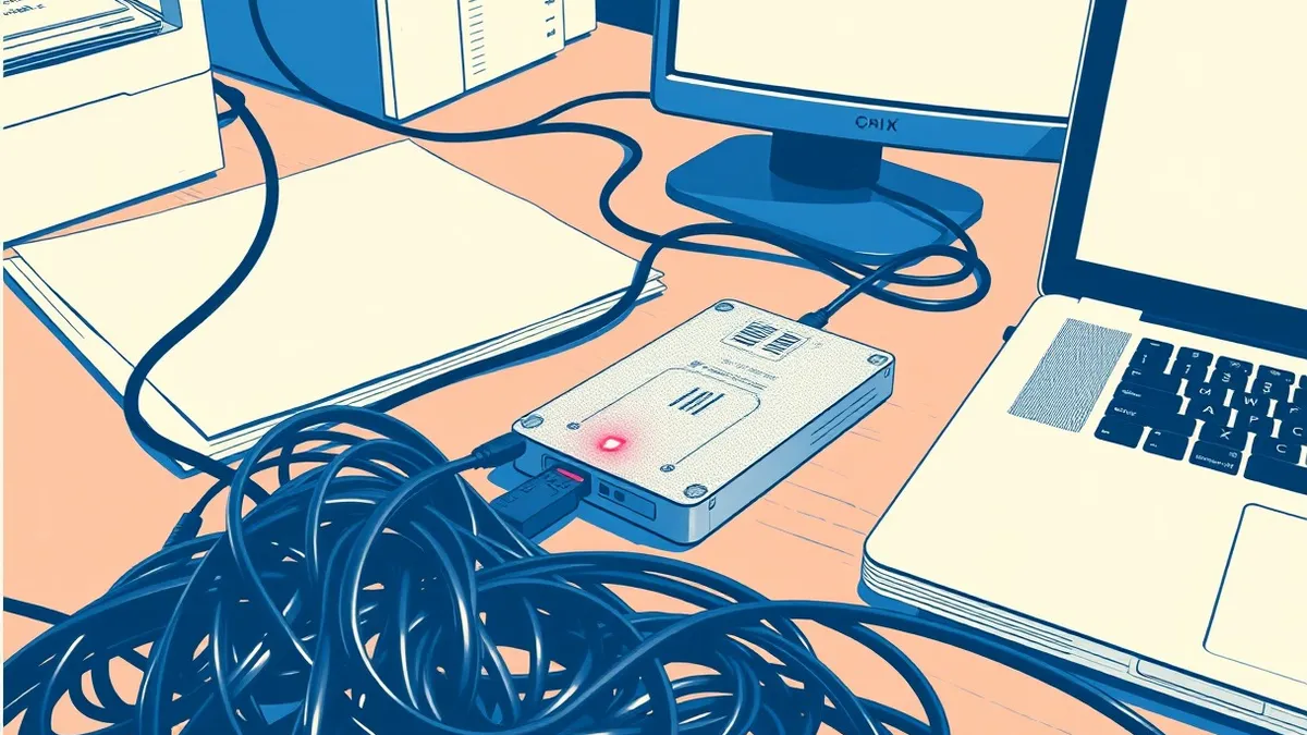 Illustration: A tangled mass of black cables connects a small external hard drive to a generic laptop computer.