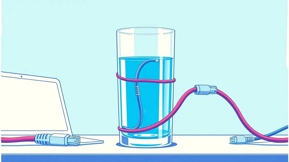 Illustration: A transparent glass tube sits between two disconnected network cables.