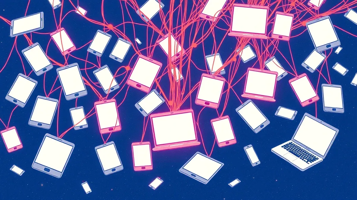Illustration: A tangled web of glowing orange threads connects dozens of blank smartphone screens and generic laptop icons, drifting across a dark background.