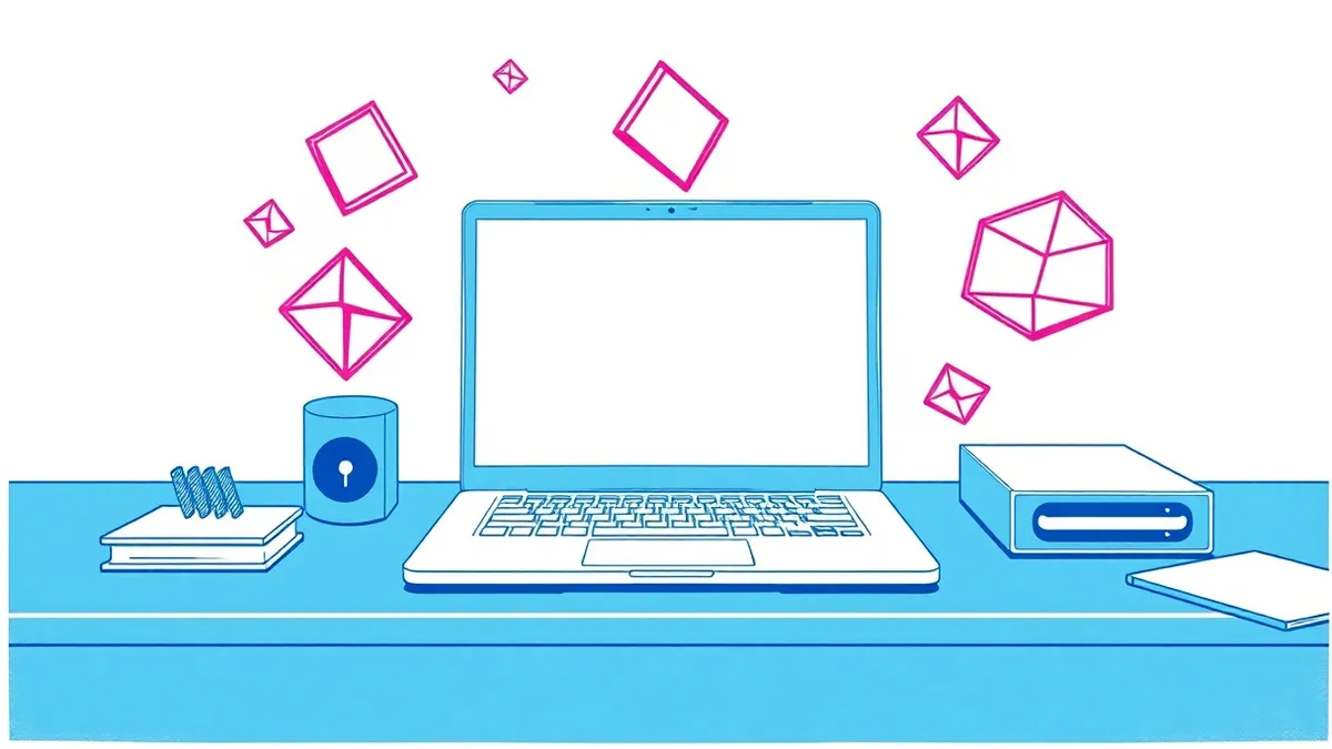 Illustration: A sleek office desk holds a single silver laptop with a blank screen, surrounded by floating, translucent geometric shapes representing stolen digital tokens.