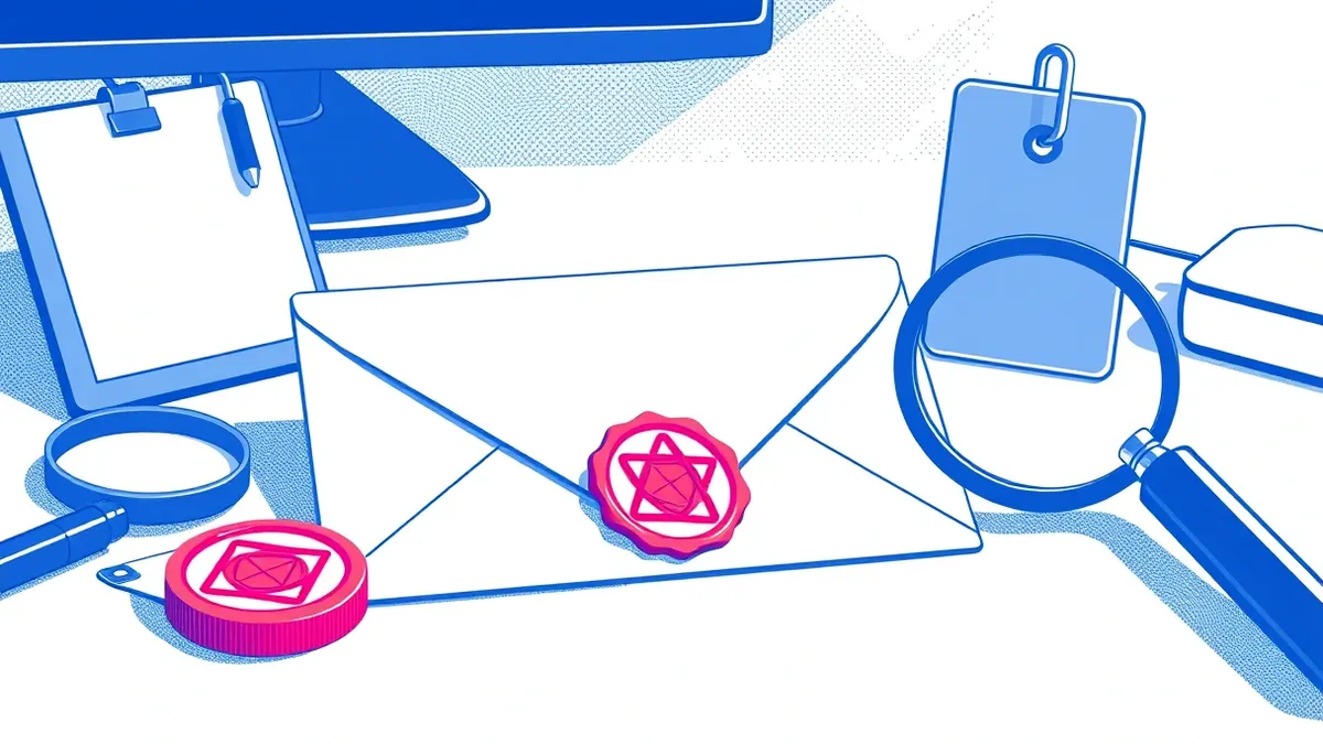 Illustration: A generic envelope rests on a clean desk beside a magnifying glass and a blank security badge.