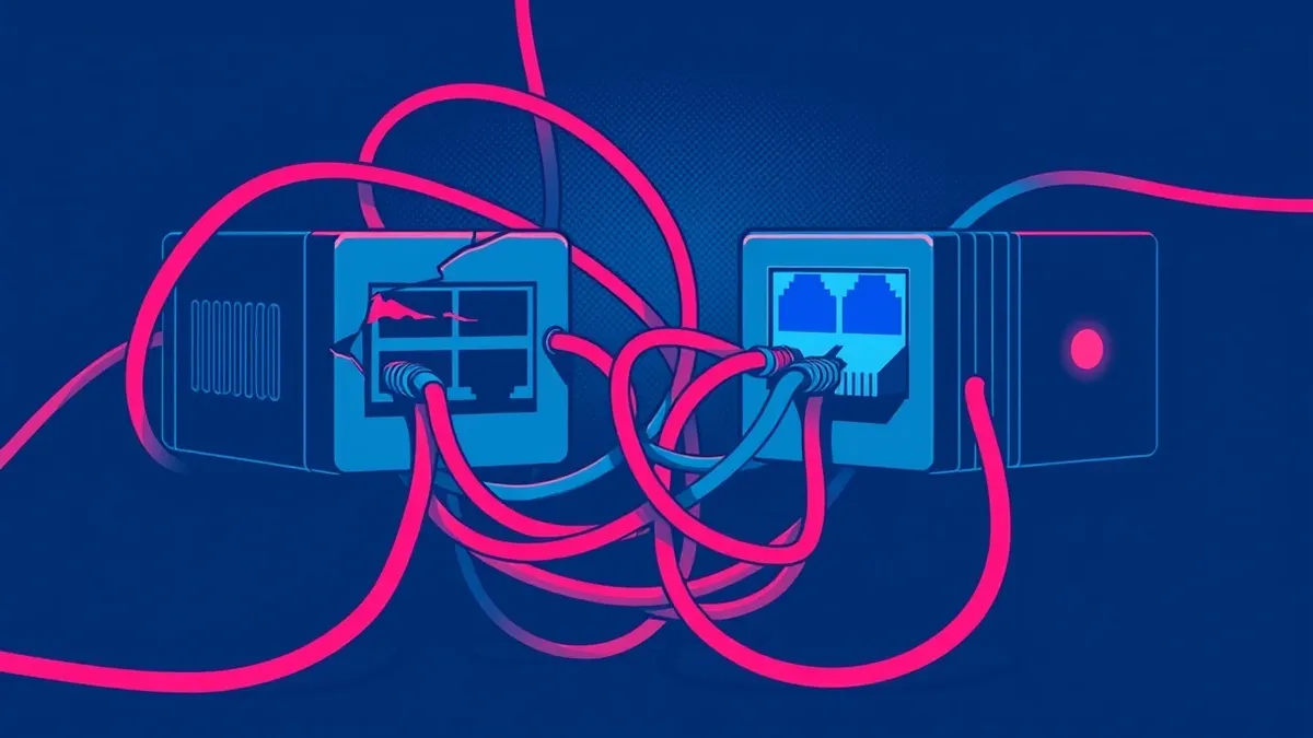 Illustration: A tangled knot of red and blue cables connects two mismatched network switches.