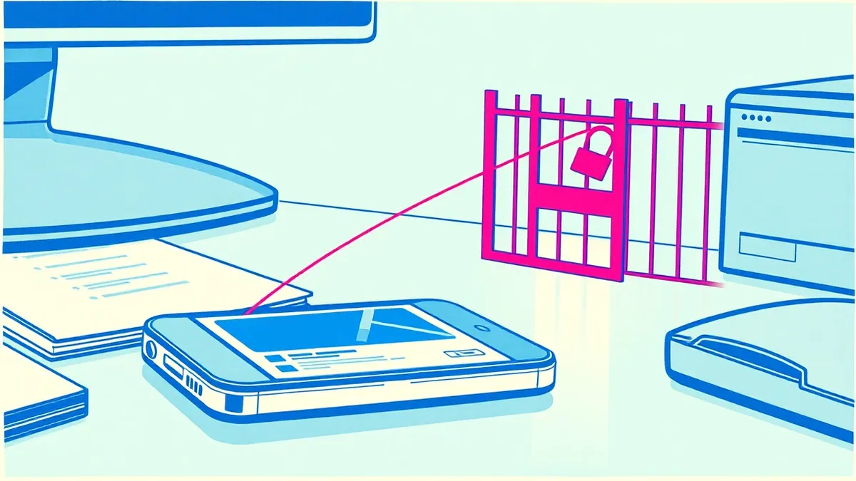 Illustration: A smartphone rests on a desk, displaying a blank social media post with abstract geometric shapes.