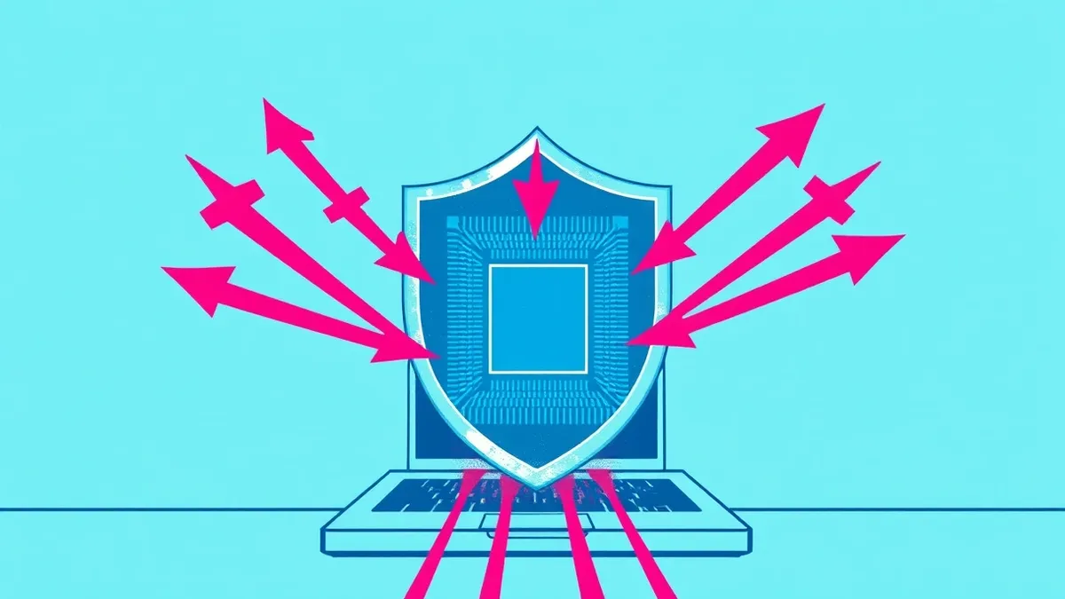 Illustration: A transparent digital shield deflects jagged red arrows aimed at a central processor core.