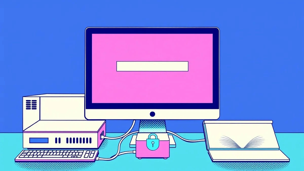 Illustration: A sleek desktop monitor displays a blank browser window with a minimalist address bar.